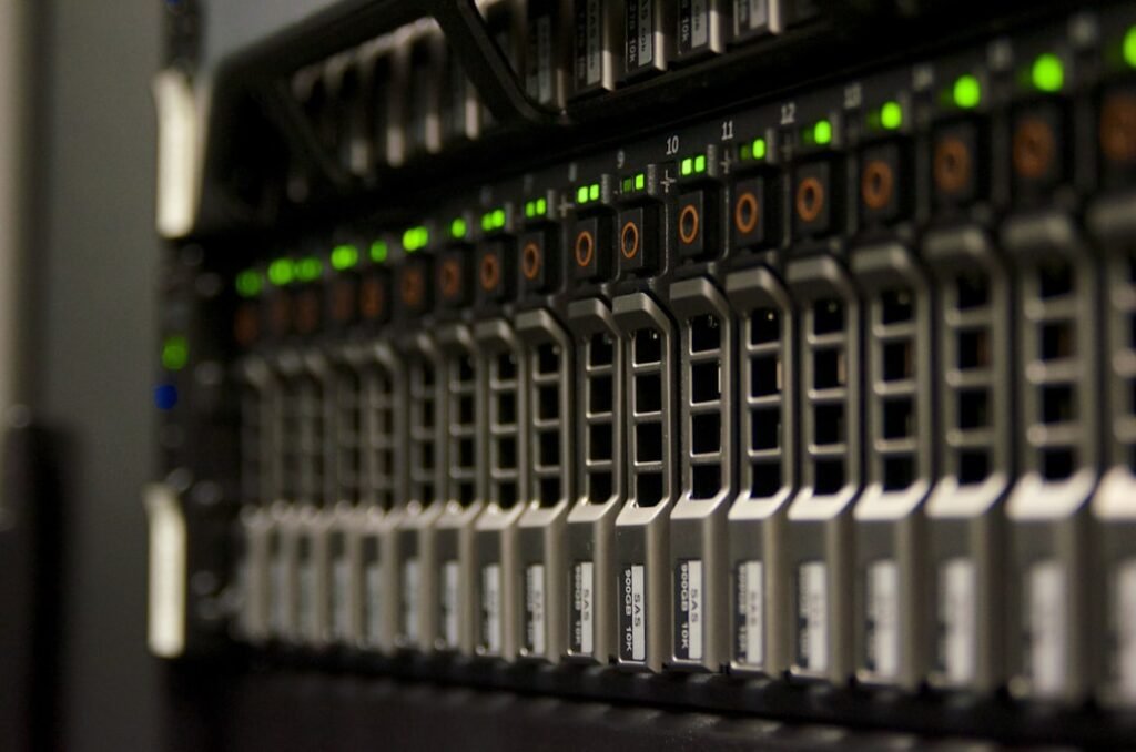 Server rack with blinking green lights